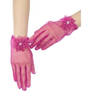 Women's Evening Fuchsia Mesh Lace Short Gloves Wedding Bridal Tea Party Prom